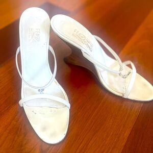 Vintage Ferragamo strap sandal, architectural wood molded wedge heel